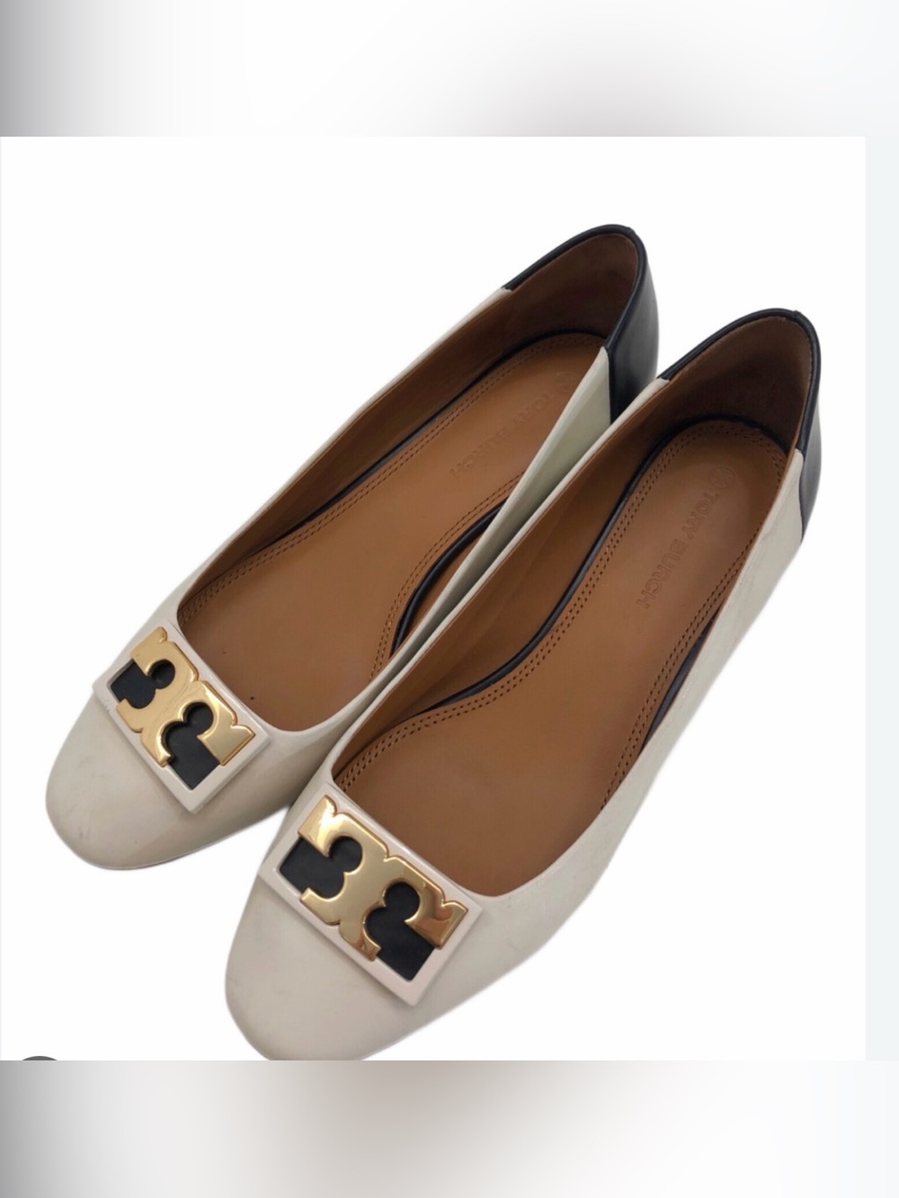 Tory Burch Two-Tone Cream and Black Logo Ballet Flats